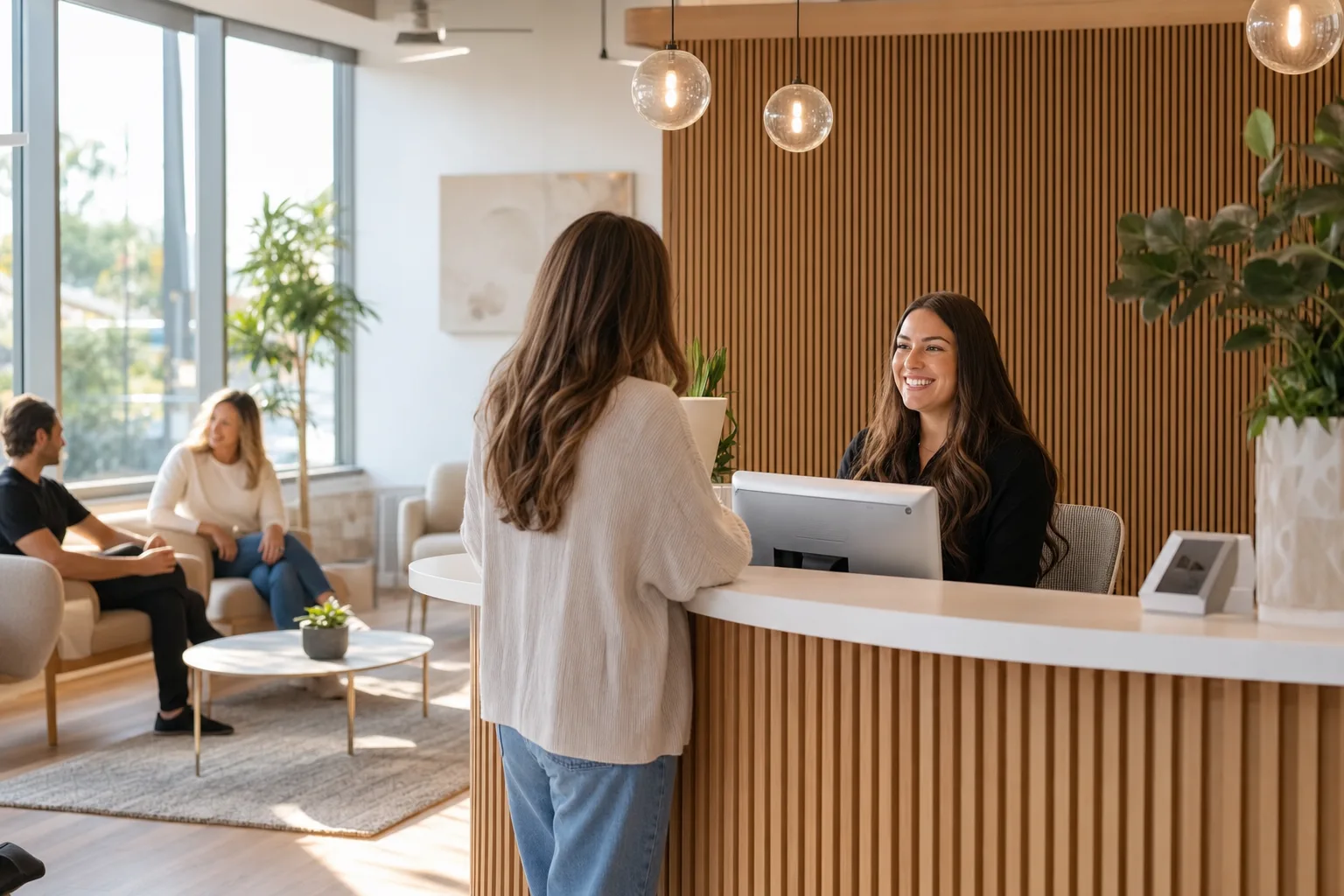 Bright, sunlit Solara Dental reception with a friendly receptionist welcoming patients