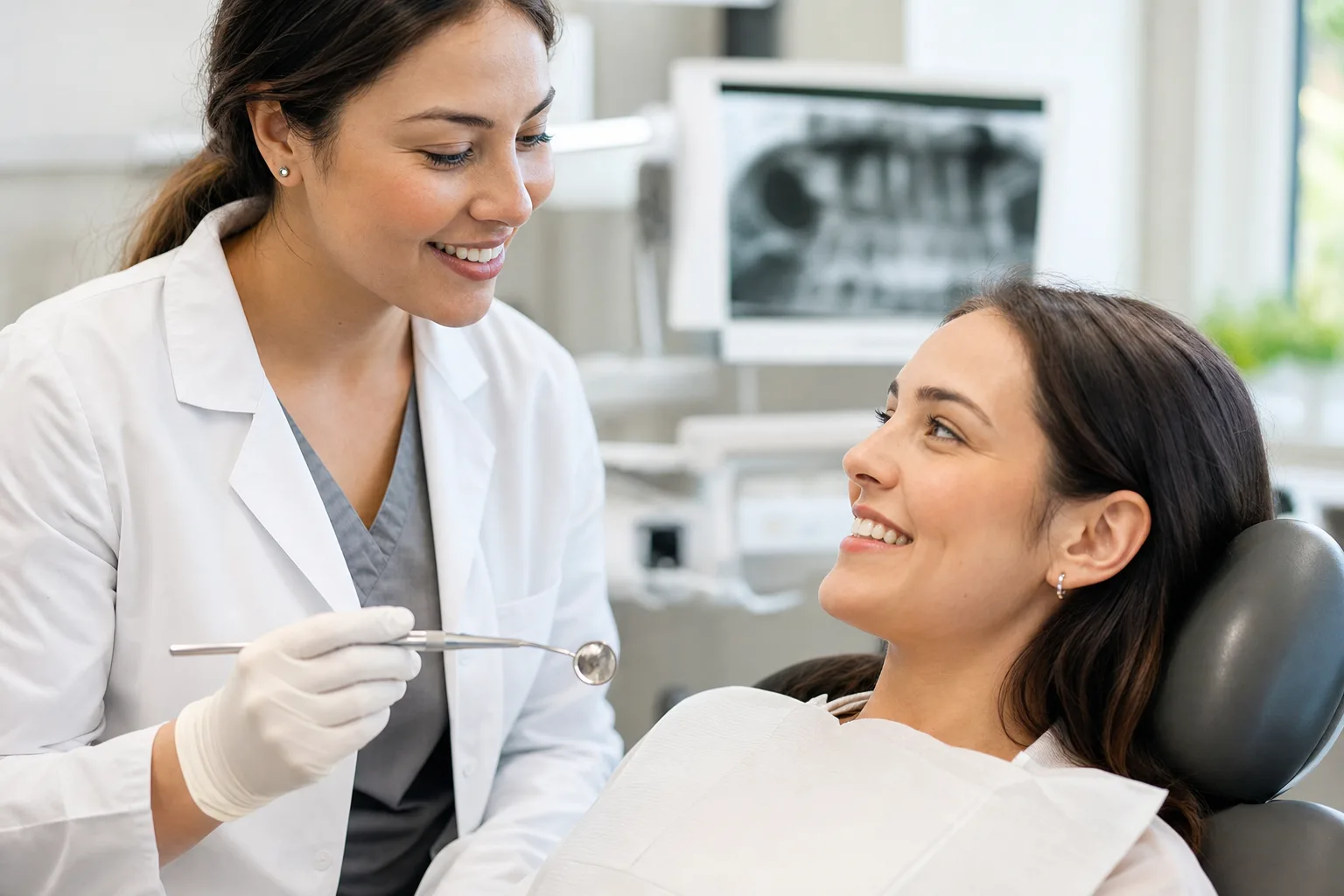 Dr. Mara Solis gently explaining a treatment plan to a smiling patient
