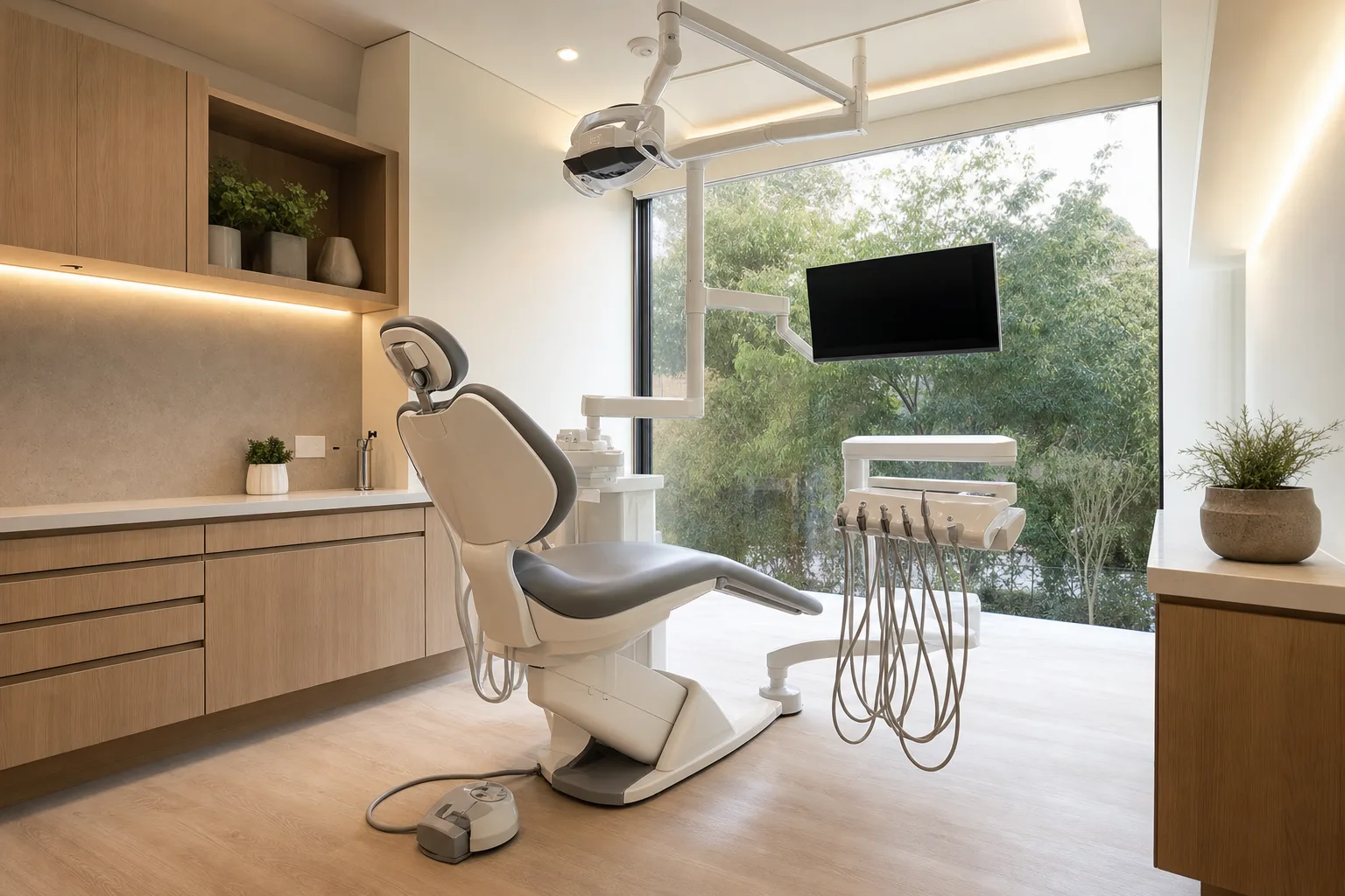 A calm, pristine, sunlit Solara Dental treatment room with modern equipment and large windows